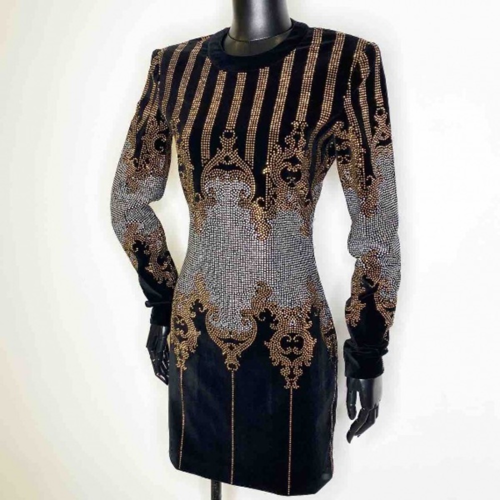Balmain studded beaded black velvet cocktail dress